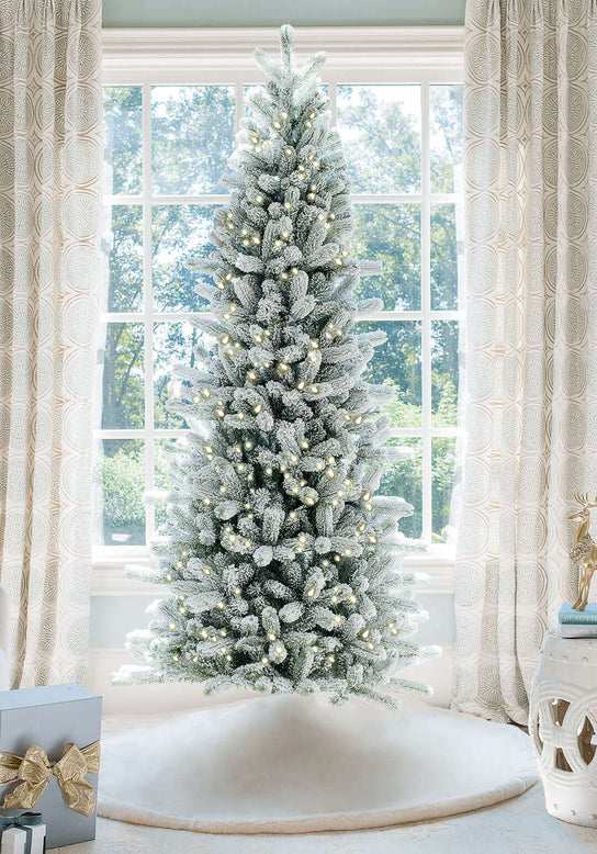 King of Christmas 9' King Flock® Slim Artificial Christmas Tree with 900 Warm White LED Lights