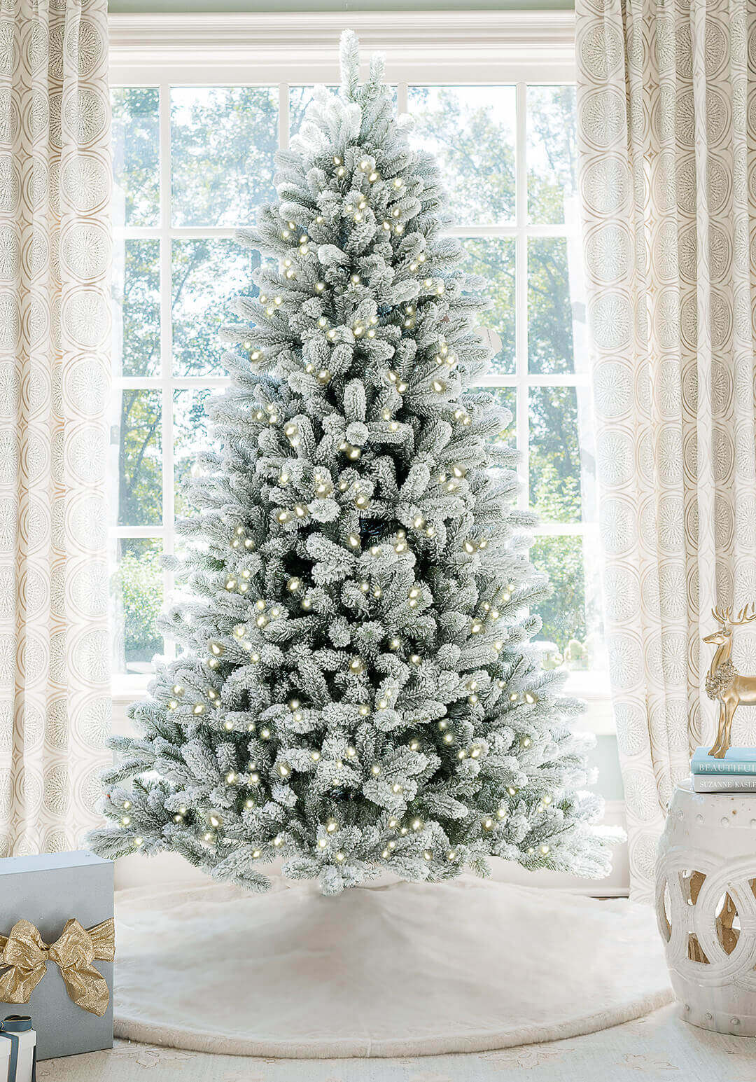 9' King Flock Artificial Christmas Tree with 1100 Warm White LED Lights