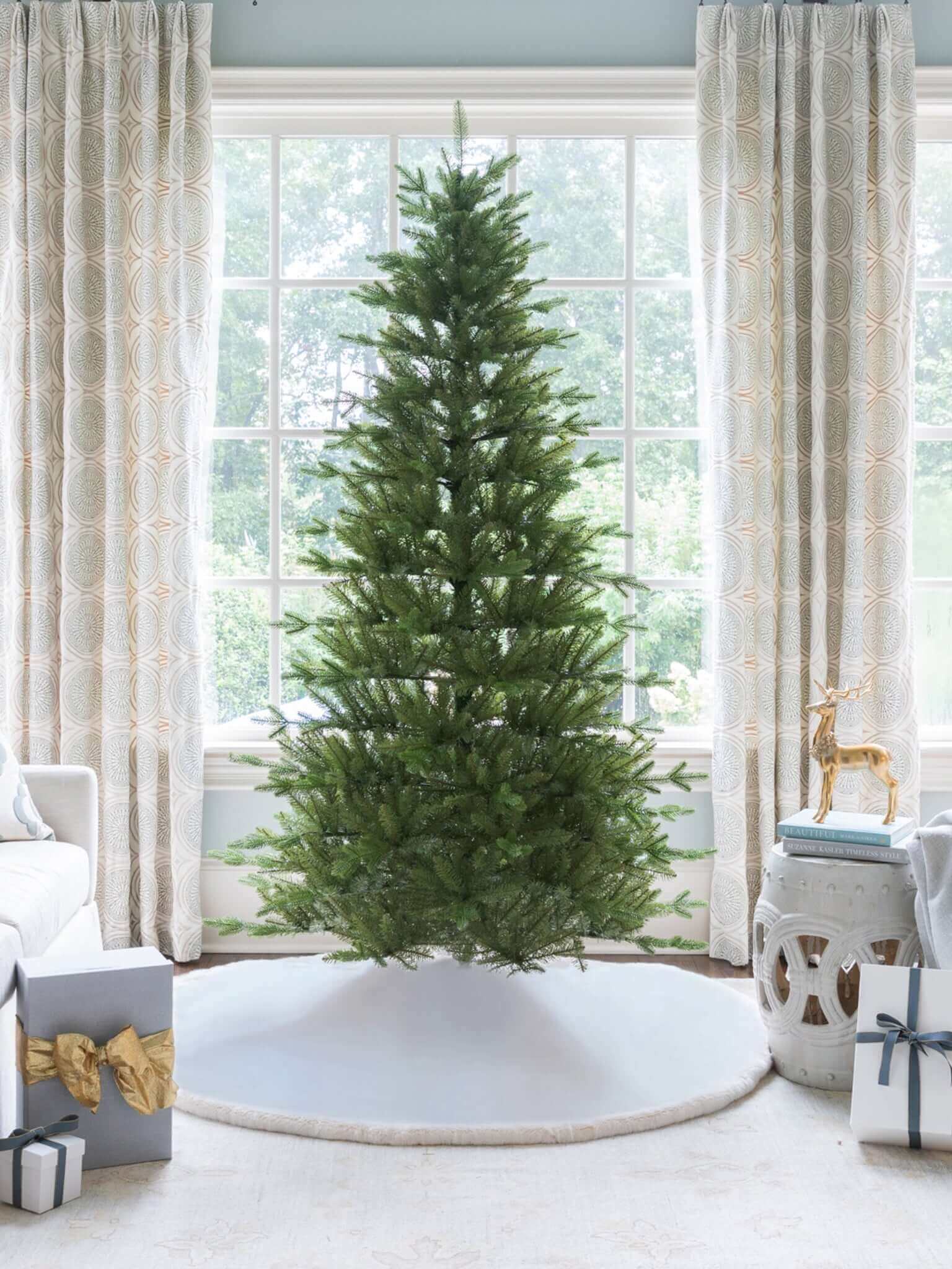 King of Christmas 12' Alpine Fir Green Slim Artificial Christmas Tree LED 1400 Warm White Led Lights