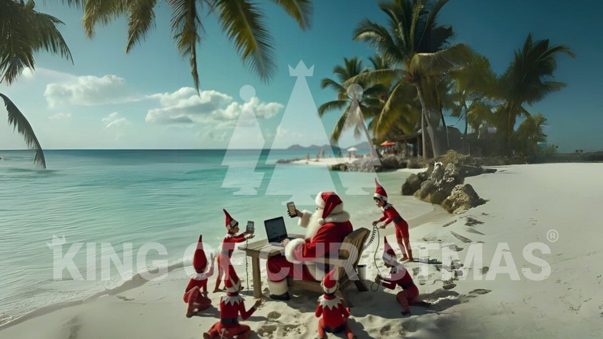 Santa and his elves work at a laptop on a tropical beach under palm trees, with a King of Christmas watermark.