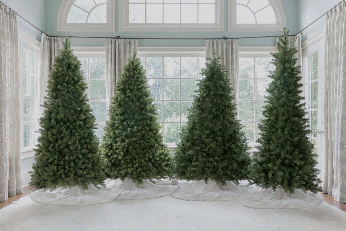Artificial Christmas trees by King of Christmas, four green trees in a bright sunroom