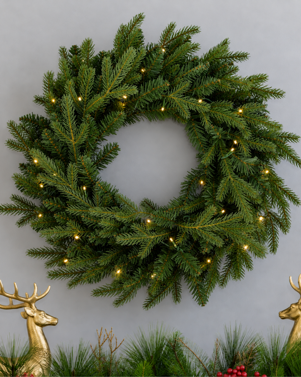 28 in Alpine Fir artificial Christmas wreath, glowing with warm white LED lights, above a mantel garland with gold reindeer