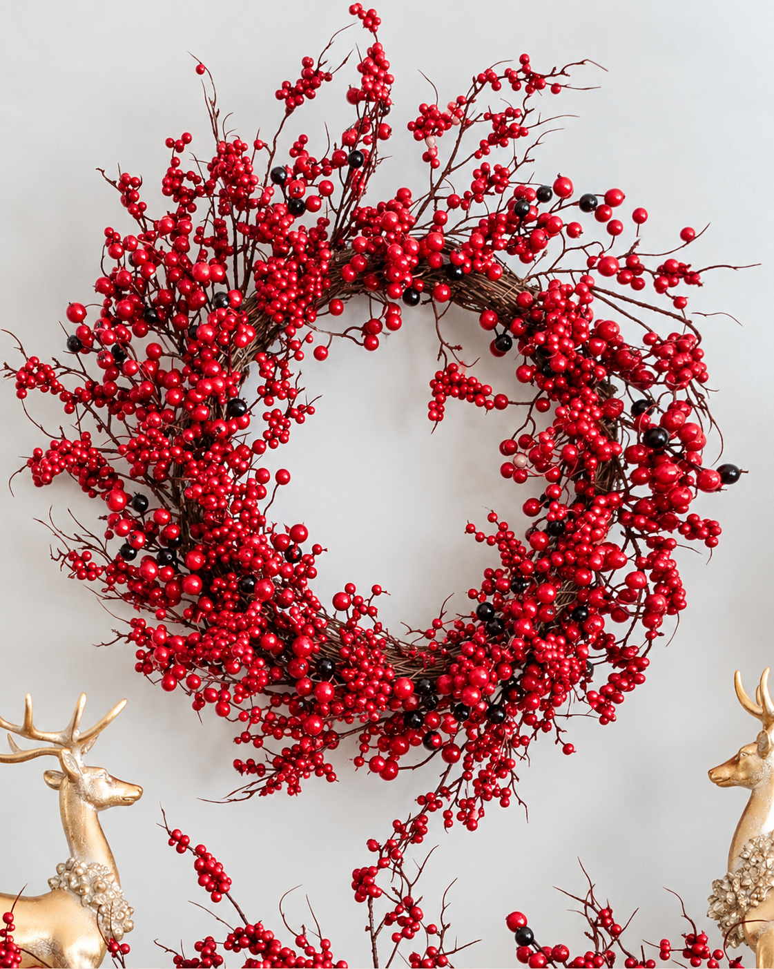 28 in Berry artificial Christmas wreath, unlit, with red berries between gold reindeer