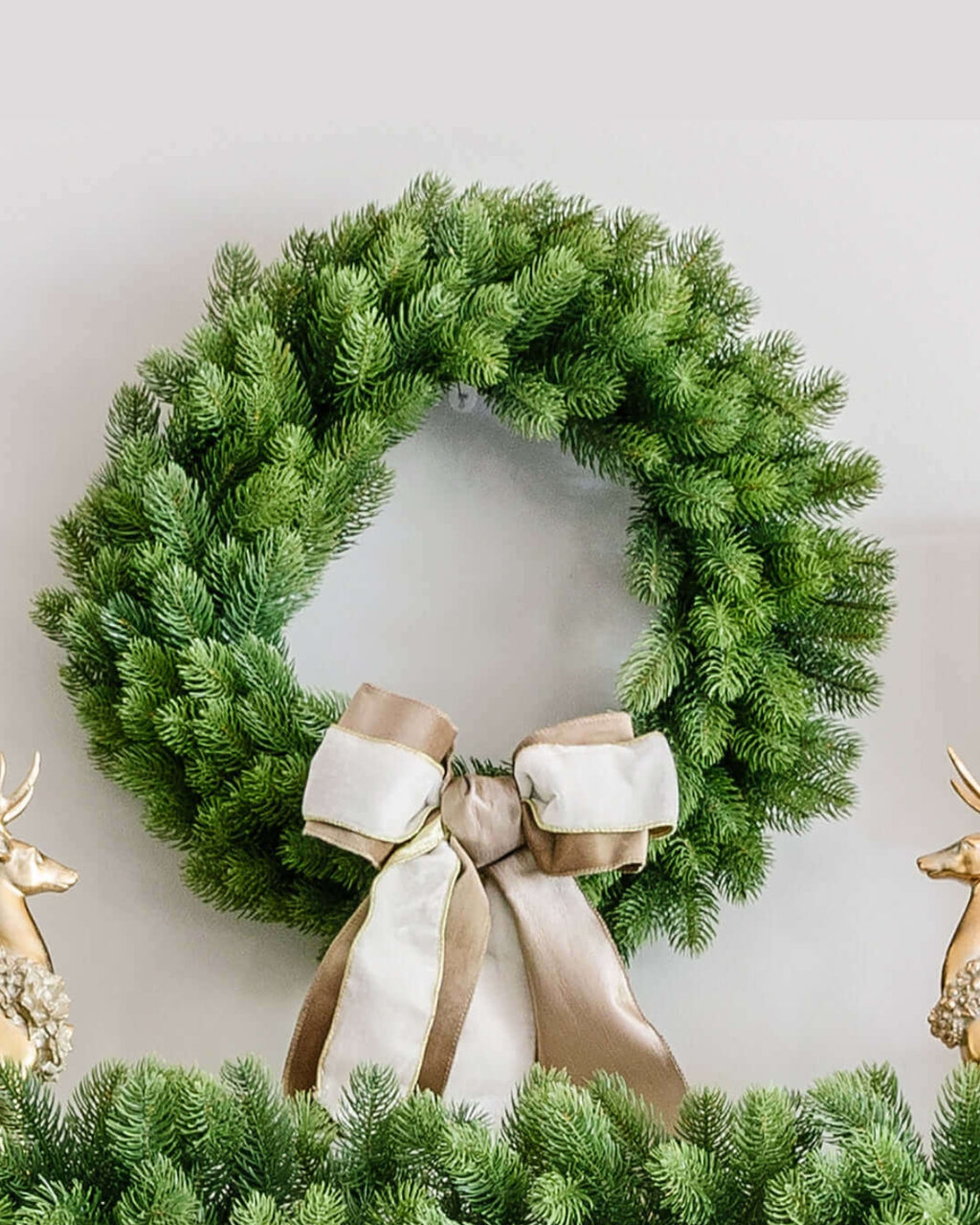 28 in Royal Fir artificial Christmas wreath, pre-lit with warm white LED lights, with a cream ribbon bow between gold reindeer
