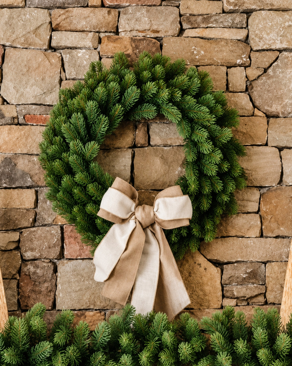 28 in Royal Fir artificial Christmas wreath, pre-lit with warm white LED lights, with a cream ribbon bow on a stone wall