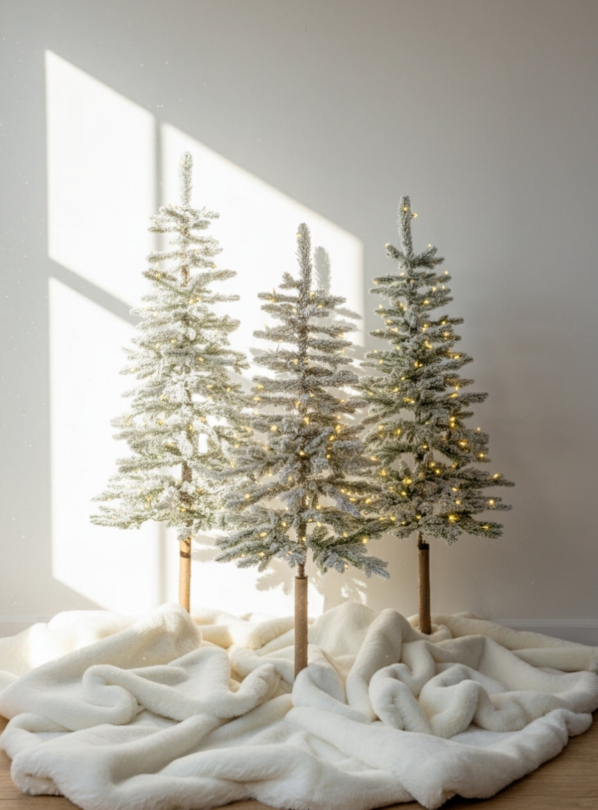 Windsor Flock artificial Christmas trees, pre-lit with warm white twinkle LED lights, in three sizes on a white fur rug