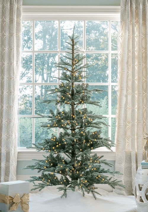 7 ft King Noble Fir artificial Christmas tree, glowing with warm white lights in front of a large window