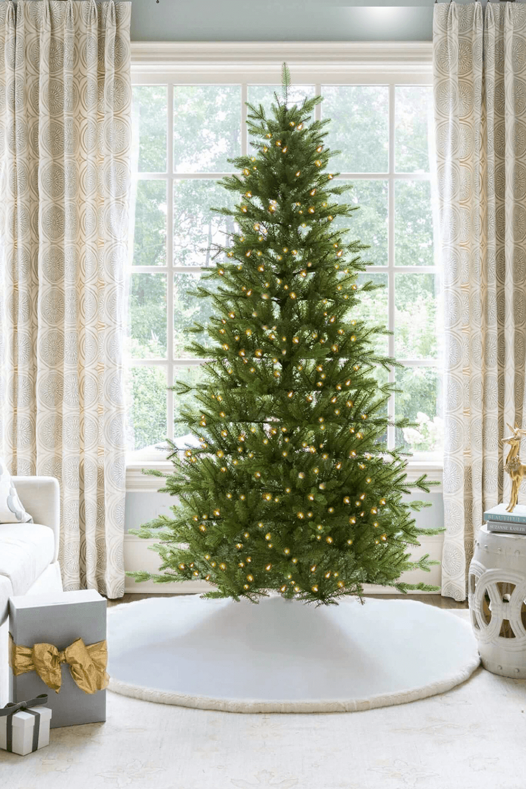 King of Christmas 12' Alpine Fir Green Slim Artificial Christmas Tree LED 1400 Warm White Led Lights