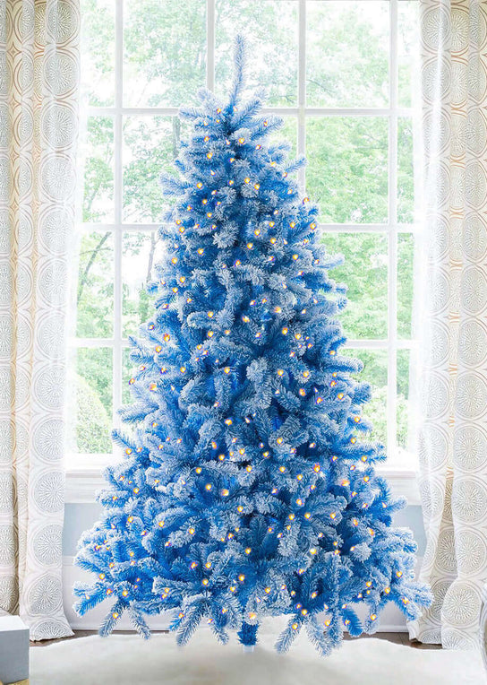 7.5' Duchess Blue Flock Artificial Christmas Tree with 600 Warm White LED Lights