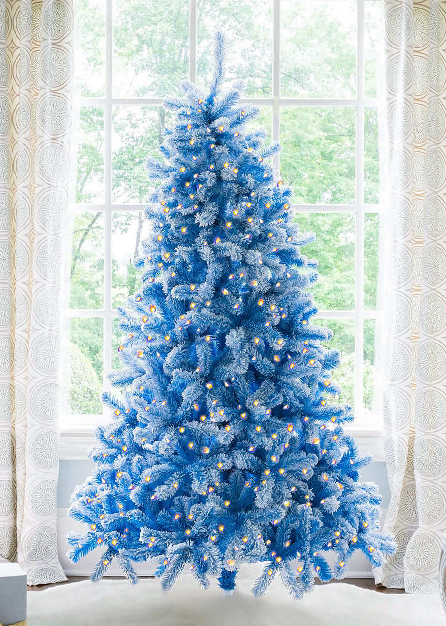King of Christmas 7.5' Duchess Blue Flock Artificial Christmas Tree with 600 Warm White LED Lights
