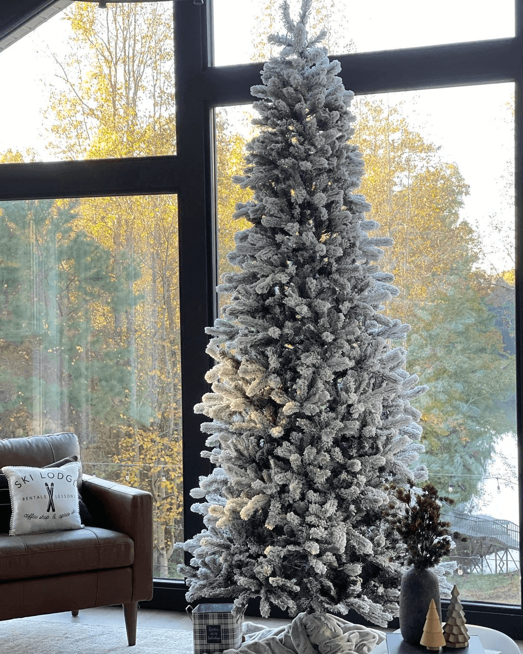 10' King Flock Slim Artificial Christmas Tree with 850 Warm White LED Lights - King of Christmas