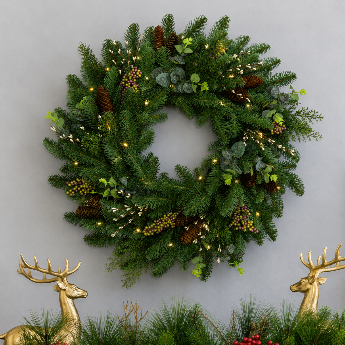 28" Evergreen Meadow Wreath with 50 Warm White LED Lights (Battery Operated)