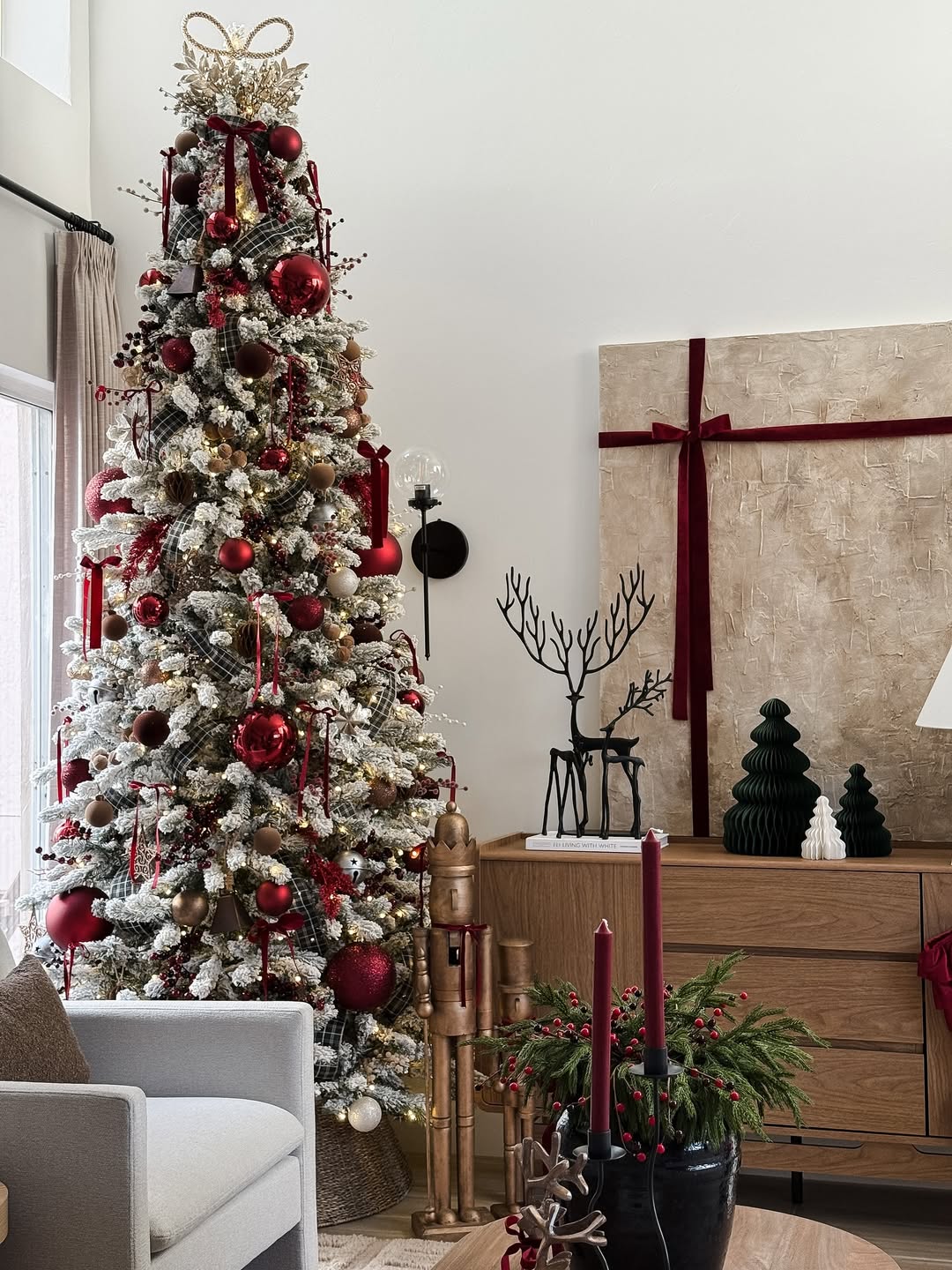 7.5' King Flock® Slim Artificial Christmas Tree with 650 Warm White LED Lights