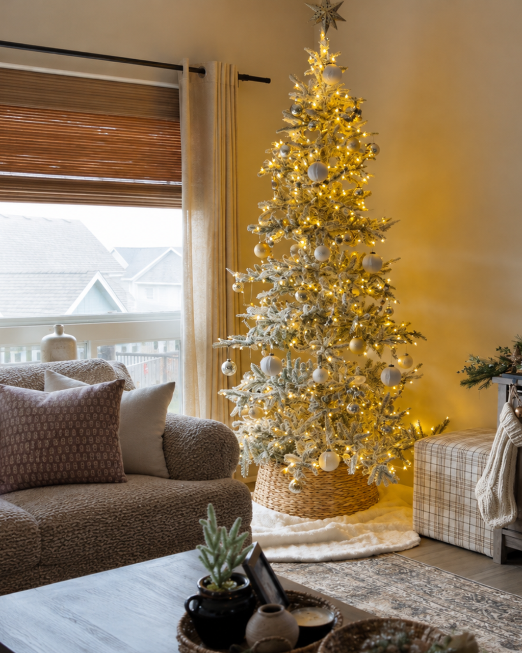 7' King Noble Flock Artificial Christmas Tree with 500 Warm White LED Lights
