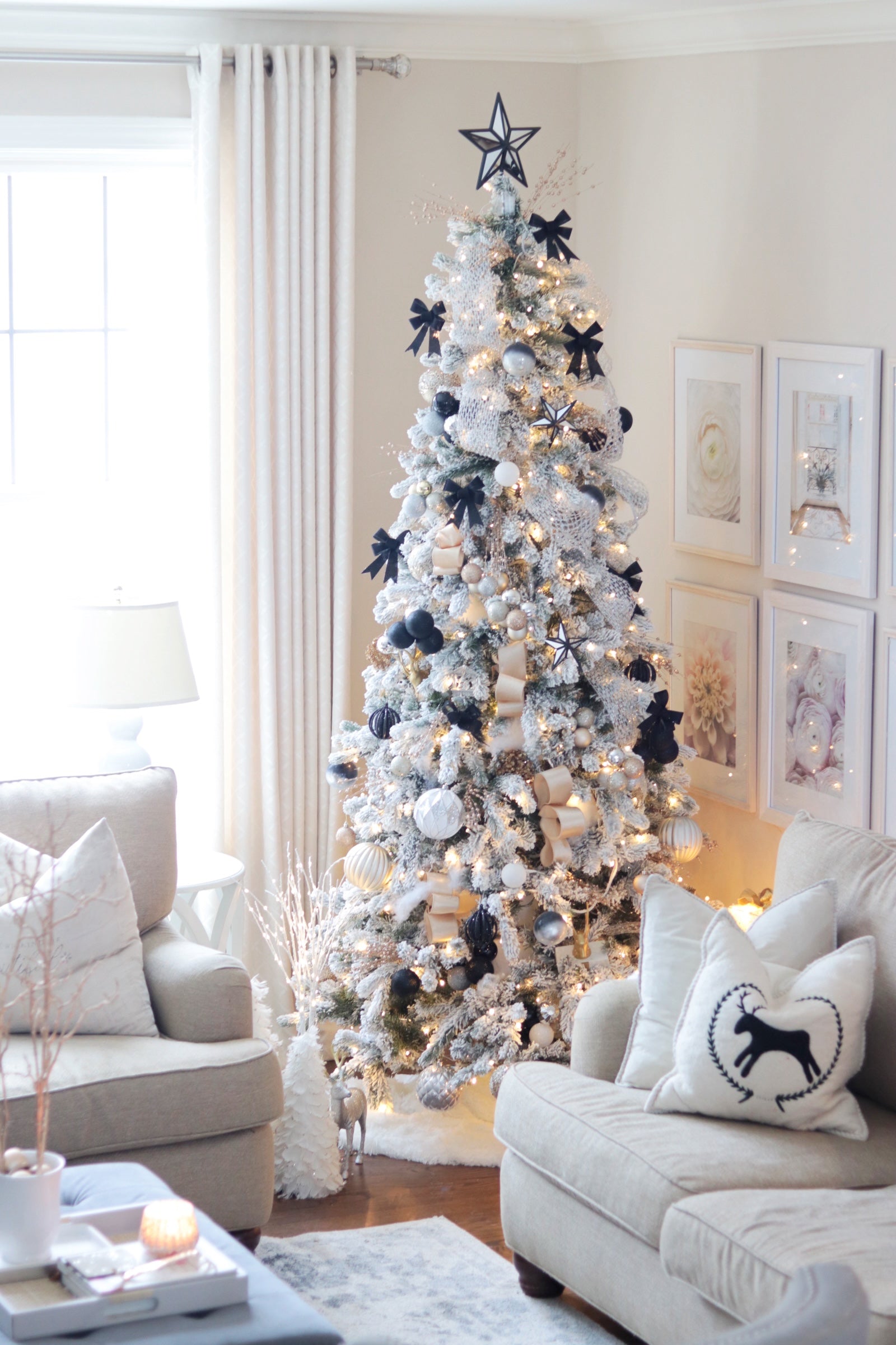 8' King Flock® Slim Artificial Christmas Tree with 700 Warm White LED Lights - FINAL SALE