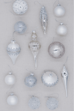 King of Christmas Winter Frost 15-Piece Glass Ornament Set (White-Silver)