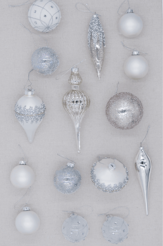King of Christmas Winter Frost 15-Piece Glass Ornament Set (White-Silver)