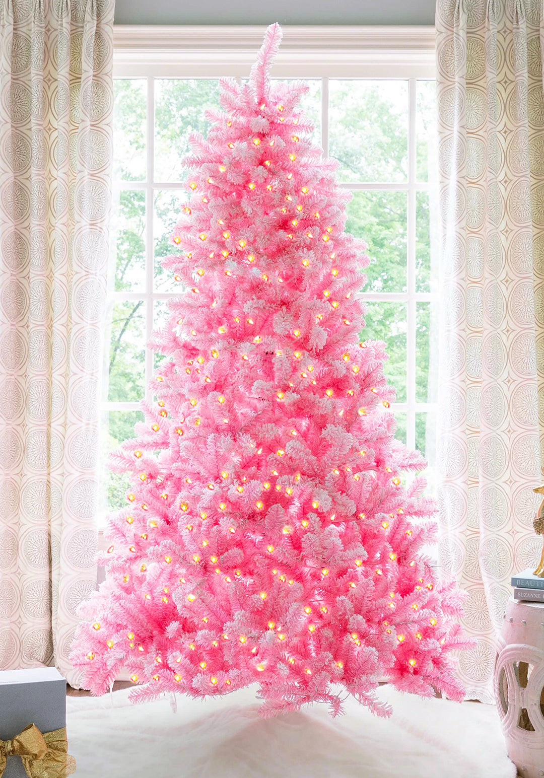 King of Christmas 7.5' Duchess Pink Flock Artificial Christmas Tree with 600 Warm White LED Lights