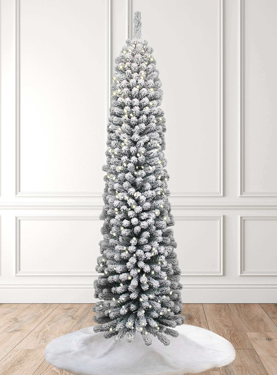 King of Christmas 8' Prince Flock Pencil Artificial Christmas Tree with 300 Warm White LED Lights