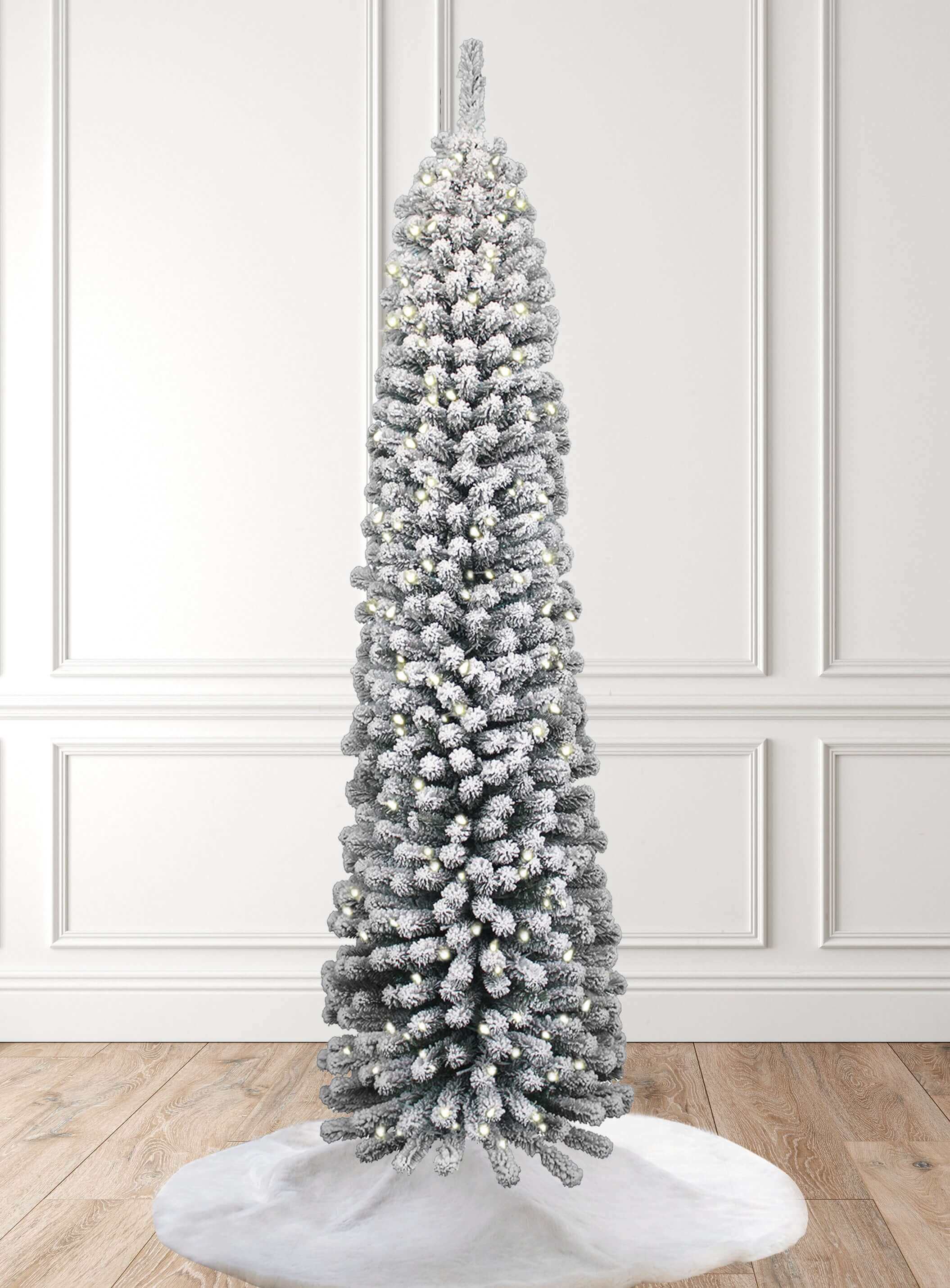 King of Christmas 7' Prince Flock Pencil Artificial Christmas Tree with 400 Warm White LED Lights