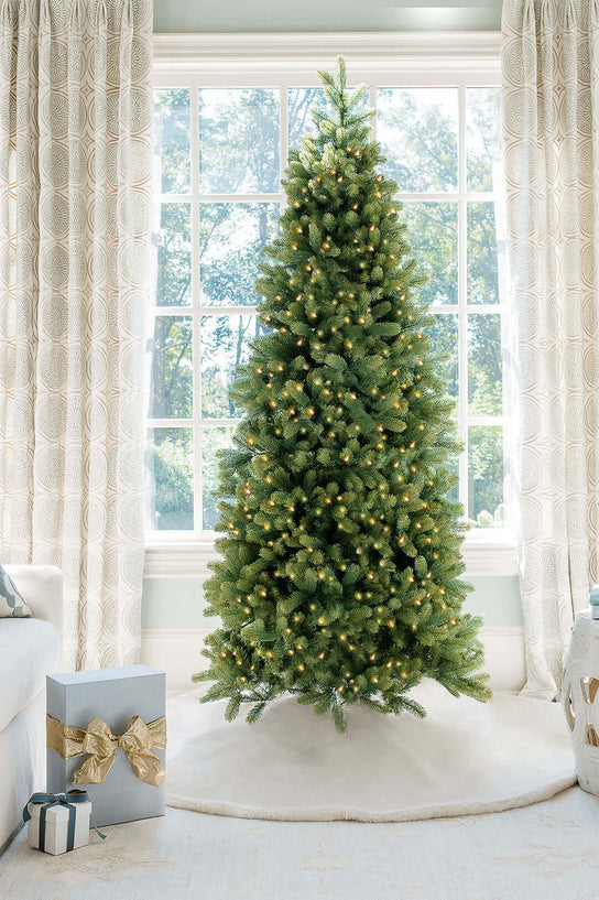 King of Christmas 9' Royal Fir Slim Quick-Shape Artificial Christmas Tree with 900 Warm White & Multi-Color LED Lights