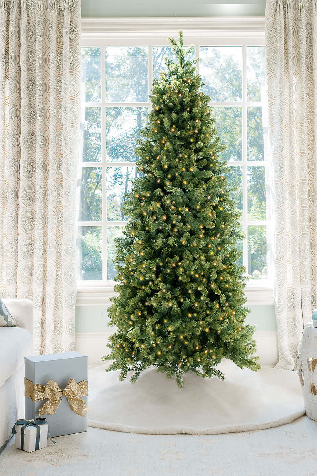 King of Christmas 7.5' Royal Fir Slim Quick-Shape Artificial Christmas Tree with 650 Warm White & Multi-Color LED Lights