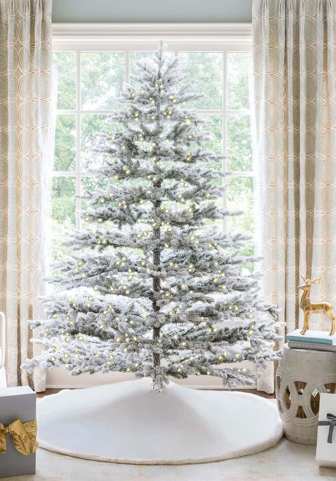 King of Christmas 9' Rushmore Flock Quick-Shape Tree 1000 Warm White Led Lights
