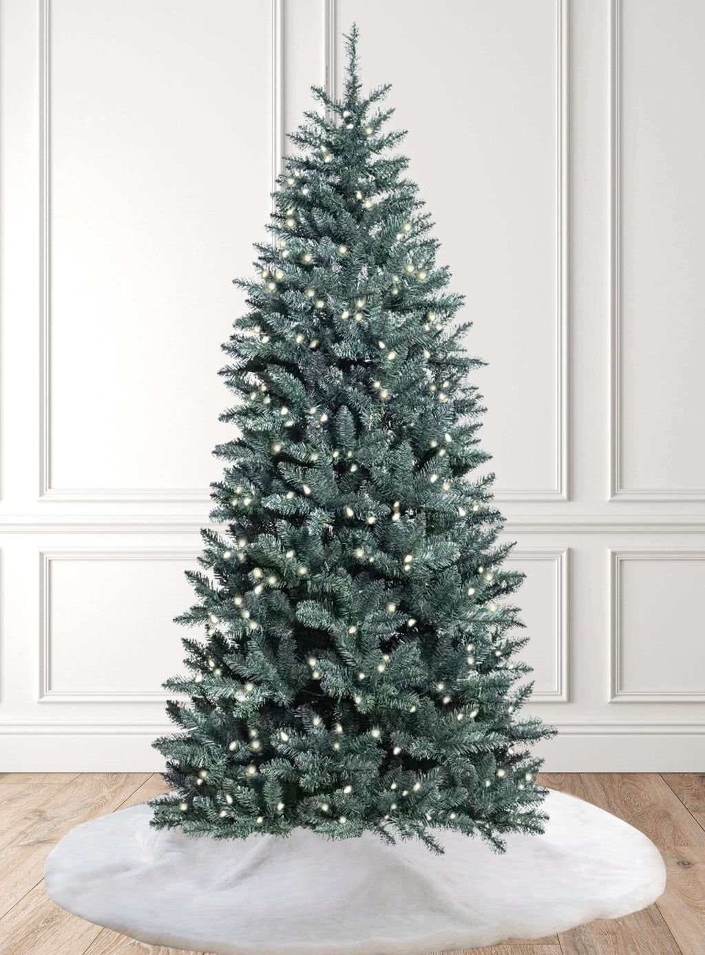 King of Christmas 9' Tribeca Spruce Blue Slim Artificial Christmas Tree with 650 Warm White LED Lights