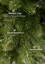 Close-up of the Cypress Spruce artificial Christmas tree's realistic tips and sturdy branches, labeled handcrafted