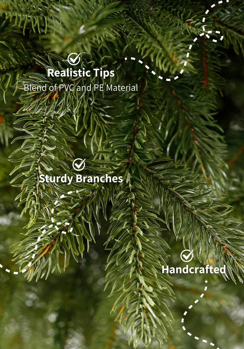 Close-up of the Cypress Spruce artificial Christmas tree's realistic tips and sturdy branches, labeled handcrafted