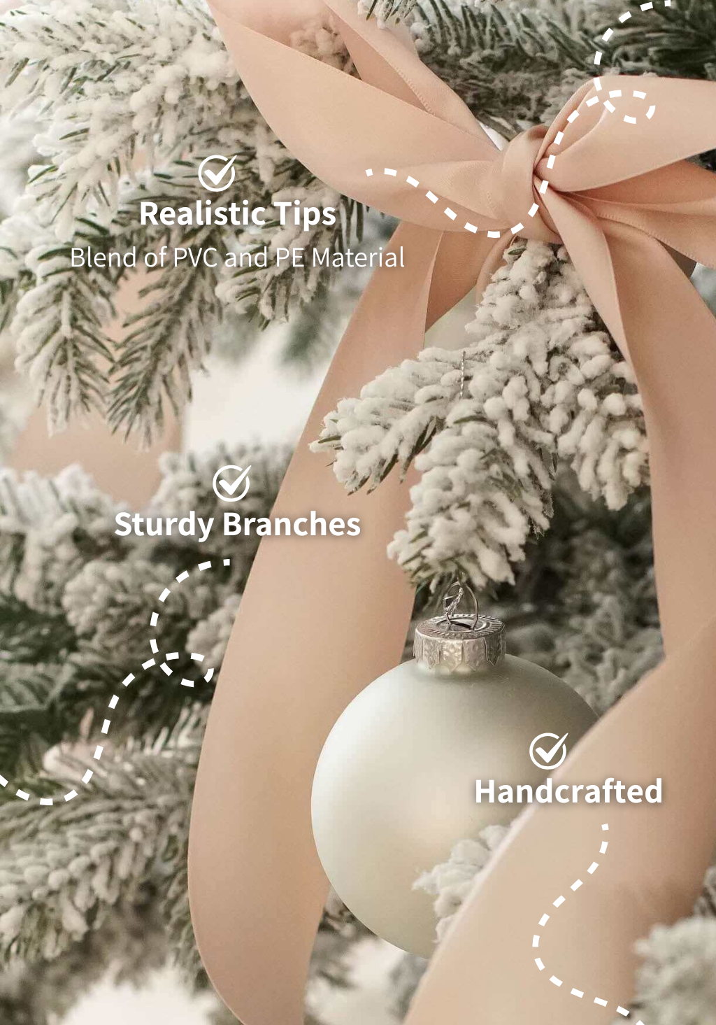Close-up of the Rushmore Flock artificial Christmas tree's realistic flocked tips, labeled handcrafted