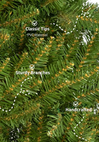 Close-up of the Yorkshire Fir artificial Christmas tree's realistic tips and sturdy branches, labeled handcrafted