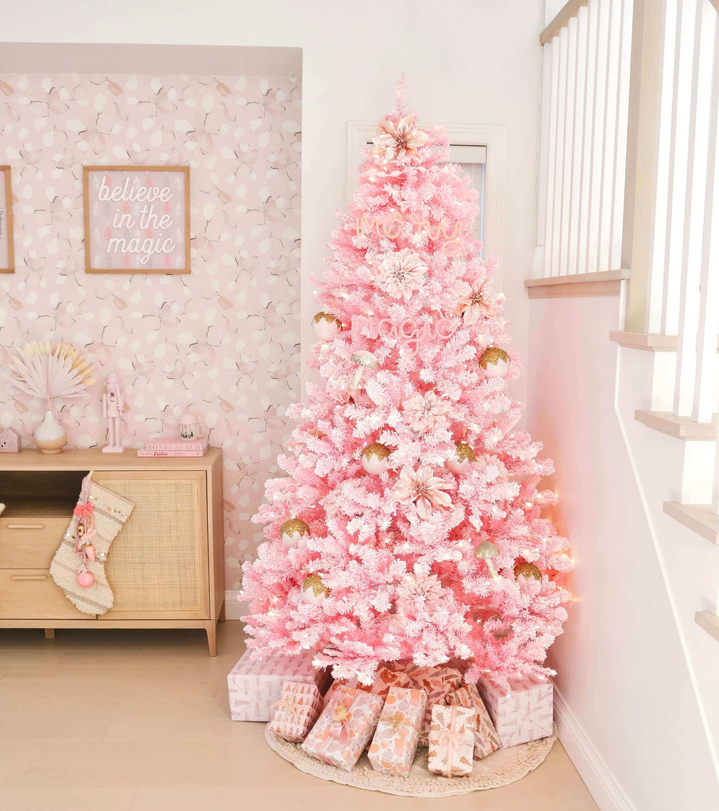 King of Christmas 7.5' Duchess Pink Flock Artificial Christmas Tree with 600 Warm White LED Lights