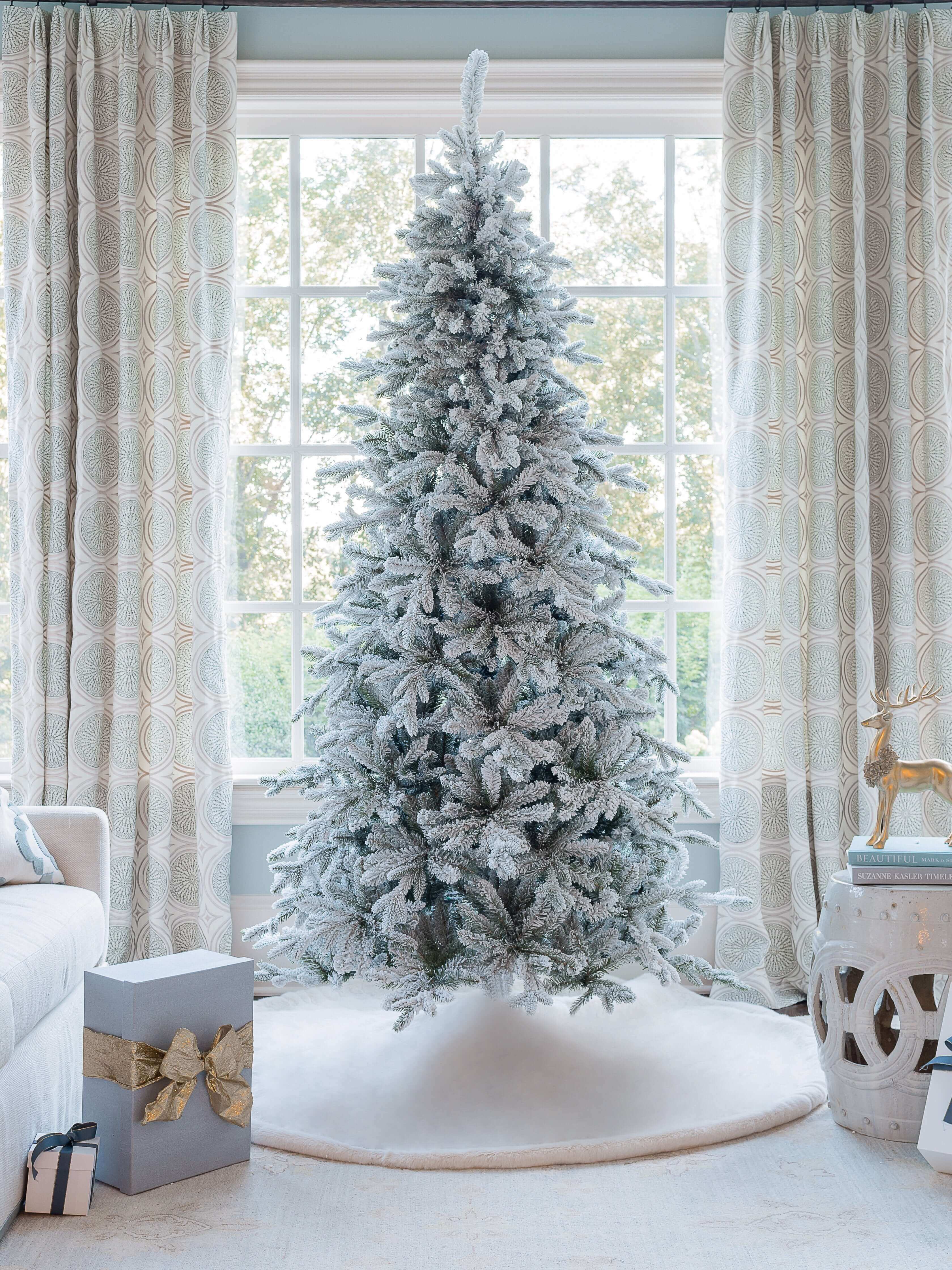 King of Christmas 8' Queen Flock® Slim Artificial Christmas Tree With 700 Warm White LED Lights