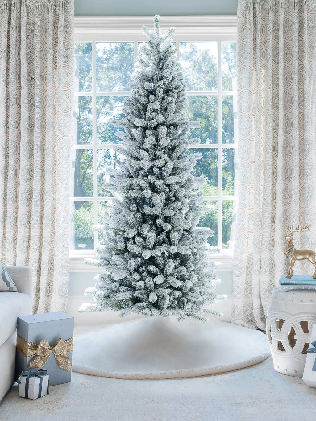 King of Christmas 9' King Flock® Slim Artificial Christmas Tree with 900 Warm White LED Lights