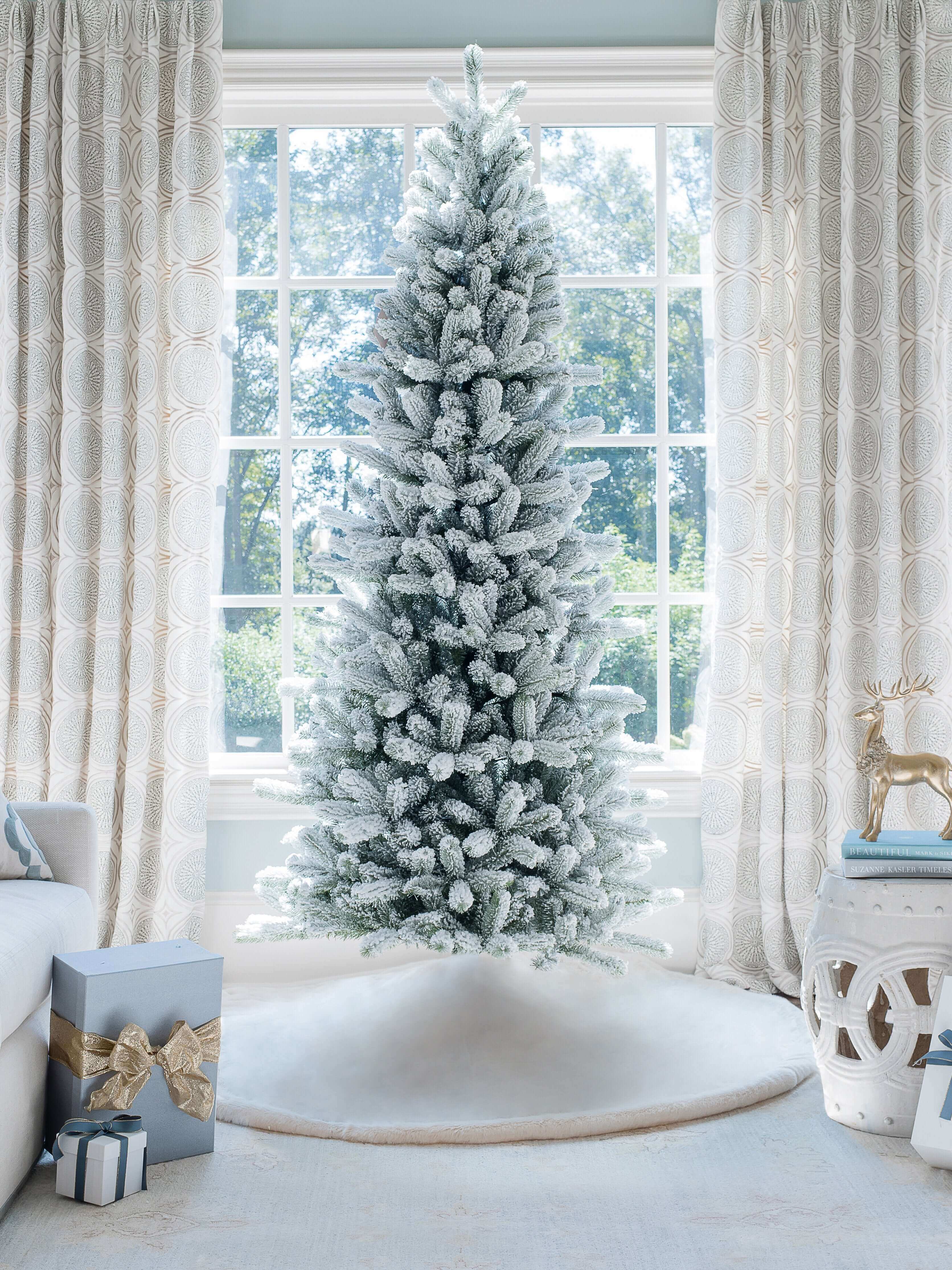 King of Christmas 7.5' King Flock® Slim Artificial Christmas Tree with 650 Warm White LED Lights