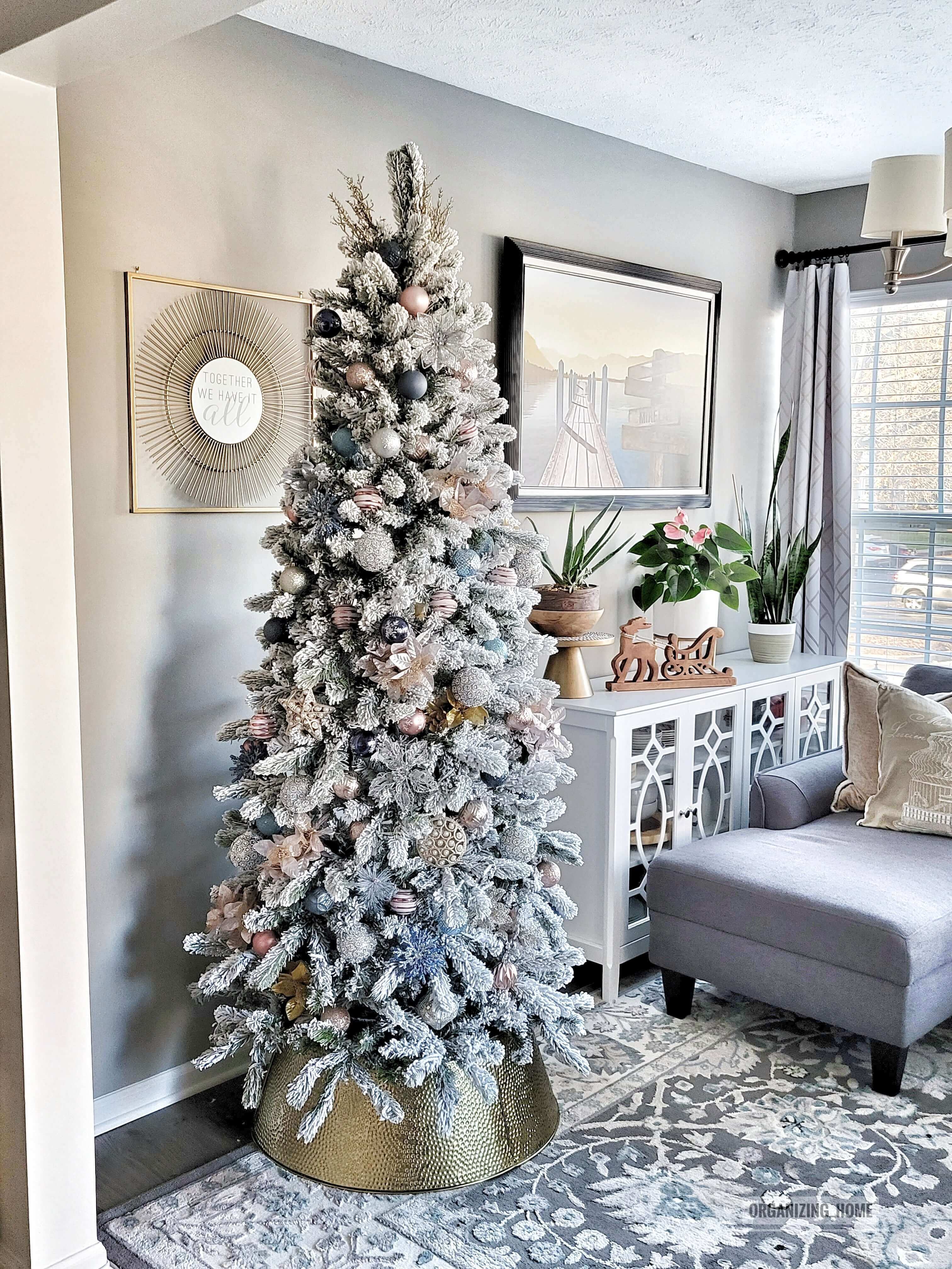 King of Christmas 6.5' King Flock® Slim Artificial Christmas Tree with 500 Warm White LED Lights