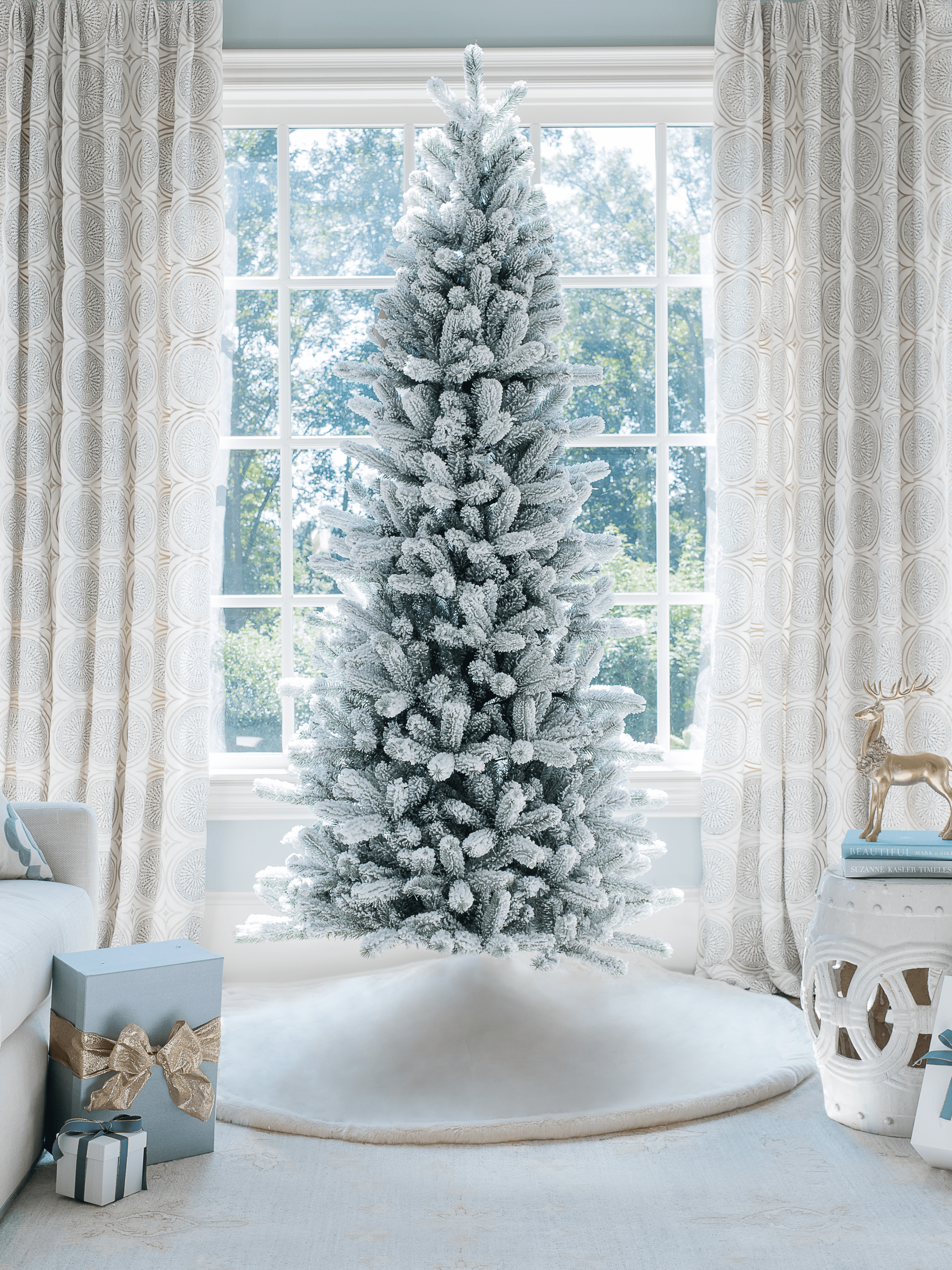 King of Christmas 12' King Flock® Slim Quick-Shape Artificial Christmas Tree Unlit