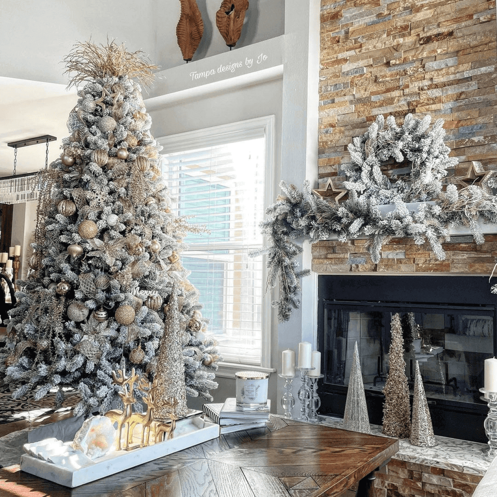 King of Christmas 9' King Flock® Artificial Christmas Tree with 1100 Warm White LED Lights