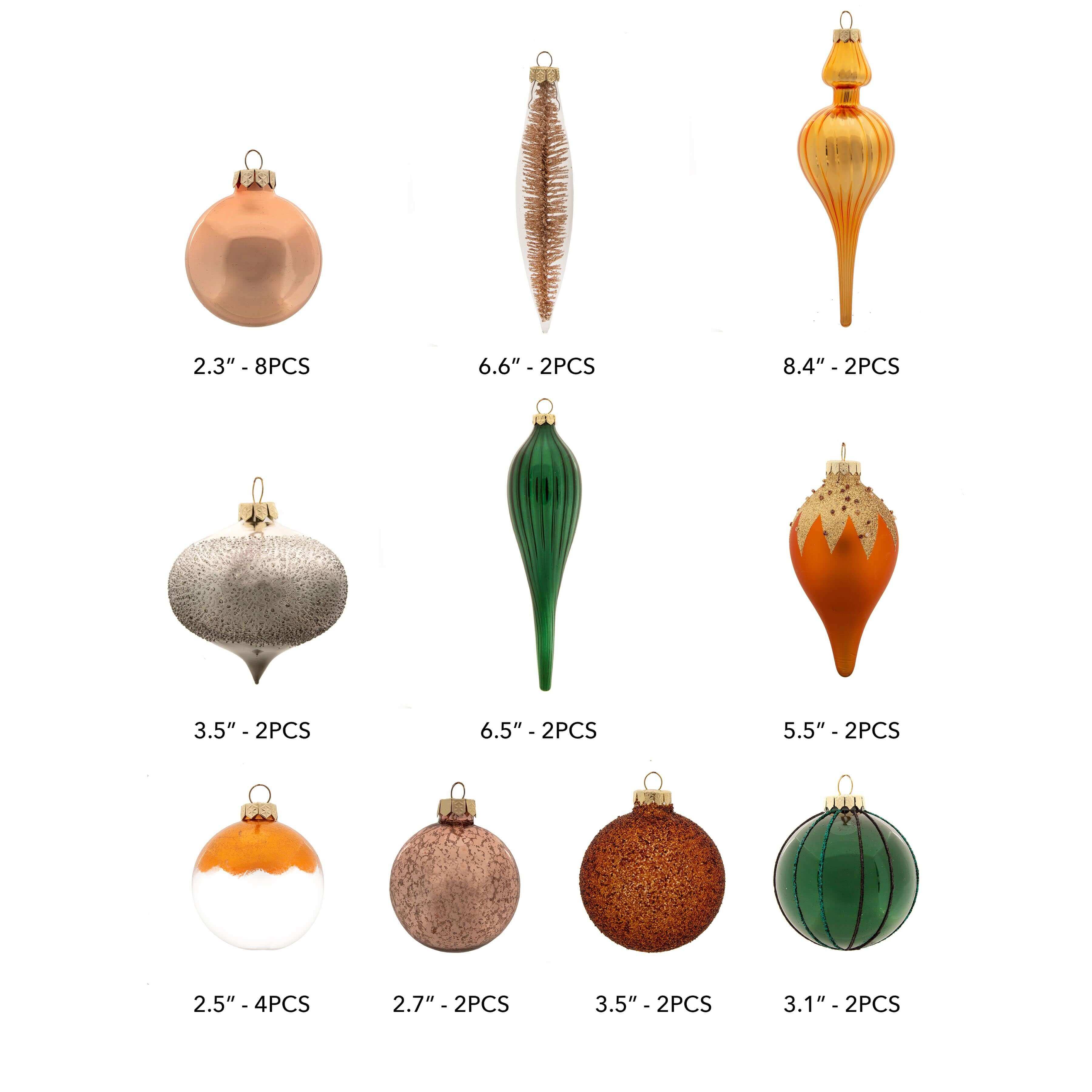 King of Christmas Natural 30-Piece Glass Ornament Set (Burnt-Orange, Green) Limited Edition