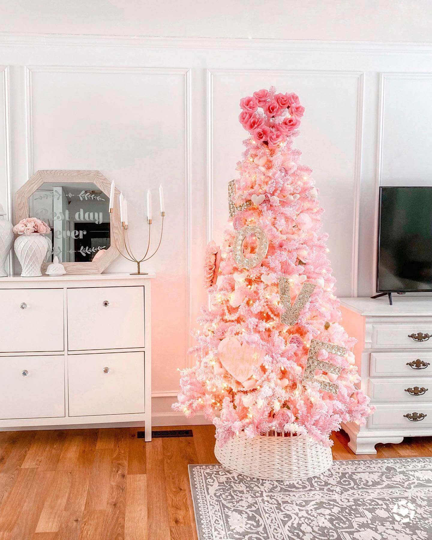 King of Christmas 7.5' Duchess Pink Flock Artificial Christmas Tree with 600 Warm White LED Lights