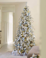 12' King Flock Slim Quick-Shape Artificial Christmas Tree with 1250 Warm White LED Lights - King of Christmas